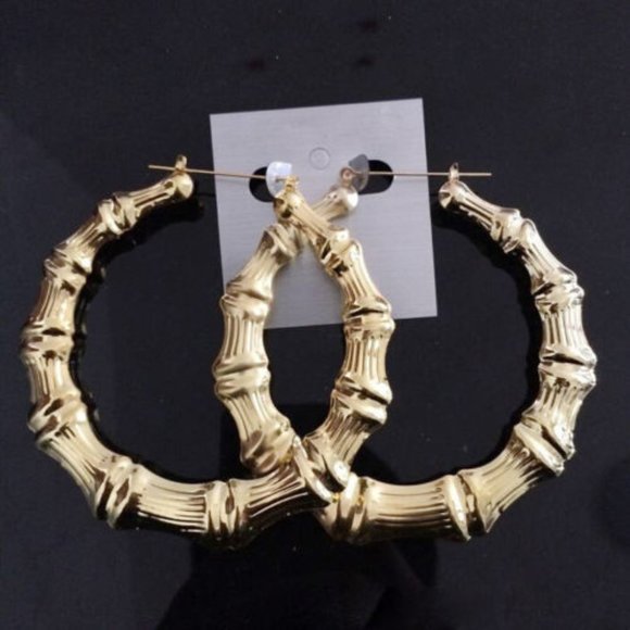 Bamboo Round Extra Large Pierced Gold Tone Pierced Earrings - Picture 3 of 4